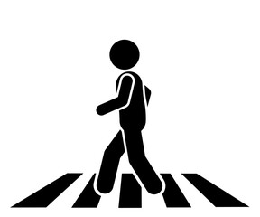  A stickman flat character illustration walking on a zebra crossing, with traffic lights showing walk or stop signals.