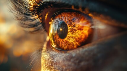 Close-up of a fiery brown eye with sunlight reflection.