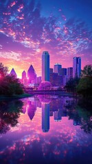 Dallas Skyline Reflecting in Water at Sunset