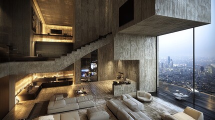 Luxurious modern penthouse apartment with concrete walls, large windows, and city view.