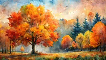 Vibrant Paint Art Autumn Landscape with Watercolor Texture