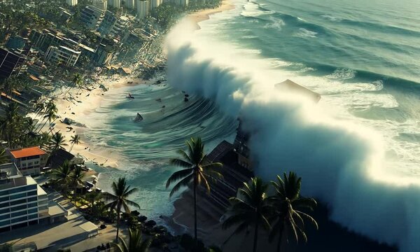 A massive tsunami crashes onto a devastated urban landscape, illustrating nature's power.