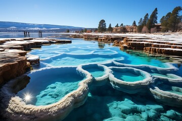 Obraz premium Crystal-clear turquoise water pools in a unique rock formation near a lake under a sunny sky.