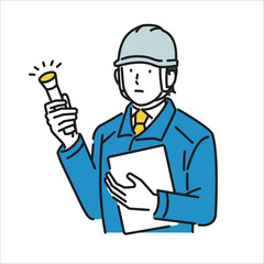 イラスト素材: 懐中電灯を持って点検する男性作業員