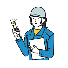 イラスト素材: 懐中電灯を持って点検する女性作業員
