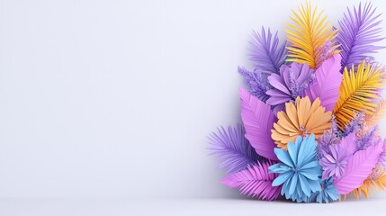 Obraz premium Colorful paper flowers and palm leaves arranged on a clean white background with copy space.