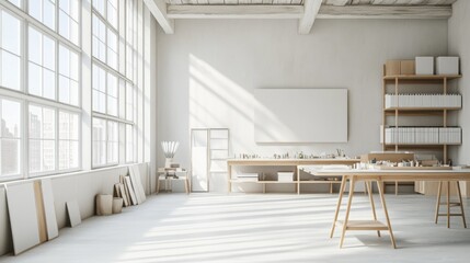 Minimalist modern craft studio with clean, creative design. Featuring neutral tones and sleek workspaces