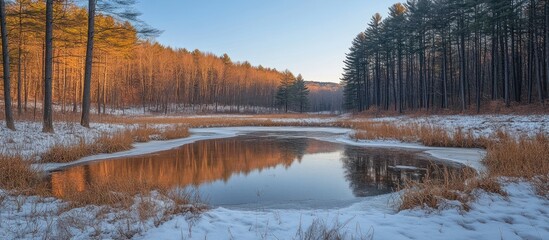 Fototapeta premium Tranquil winter pond reflecting sunset colors in a snowy forest.