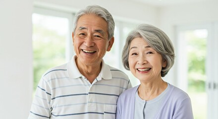Obraz premium Happy Elderly Japanese Couple Smiling in a Bright and Peaceful Home Setting