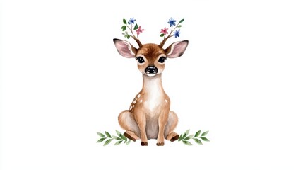 Charming young deer with floral antlers nature scene illustration whimsical close-up cute animal art