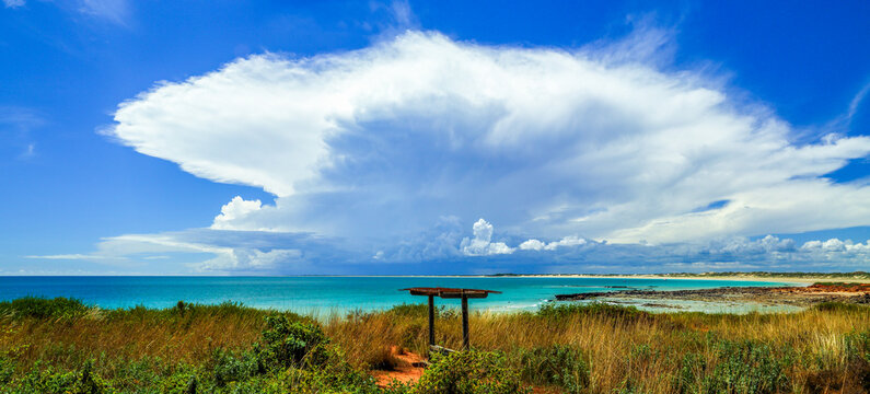 Thunderstorm building over the coast and ocean at Broome, Western Australia
