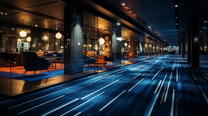 Obraz premium Modern office hallway with glass walls, stylish furniture, and dynamic floor design at night.