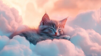 Gray kitten lying on a fluffy cloud, dreamy and surreal, pastel skies 