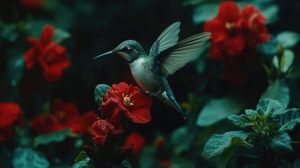 Fototapeta premium Hummingbird hovering near red flowers.