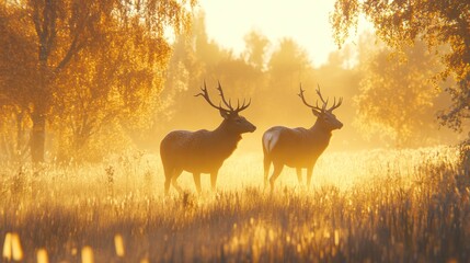 Two majestic deer silhouetted in golden autumn sunrise.