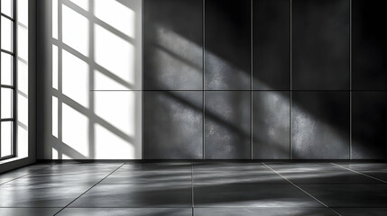 Minimalist Black and White Room with Sunlight Through Window - 3D Illustration