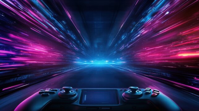 Futuristic Game Controller with Colorful Light Trails in a Dynamic Motion Background - Powered by Adobe