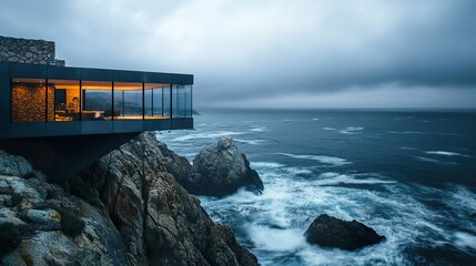 Modern cliffside house with glass walls overlooking dramatic ocean waves and stormy sky at dusk.