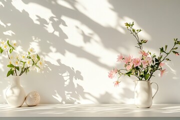 Fototapeta premium Table background of free space and kitchen interior.White wall with shadows and sunny warm morning time.Copy space for your composition, Easter table with spring flowers in a sunny April kitchen. 