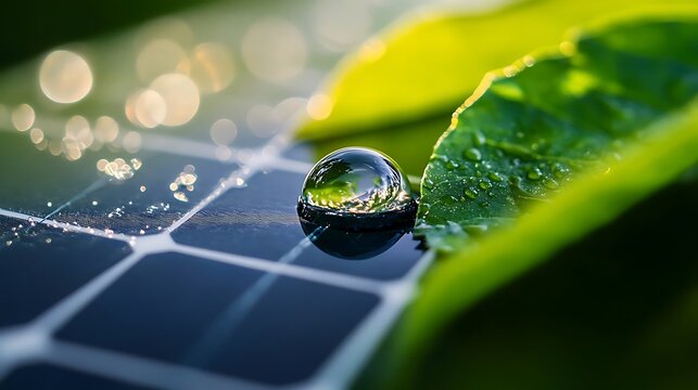 Eco Energy Harmony: Dewdrop on Leaf Reflecting Solar Panel Sustainability.