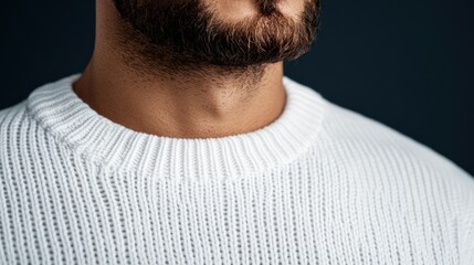 Man wearing white knitted sweater, close-up of neck and beard.