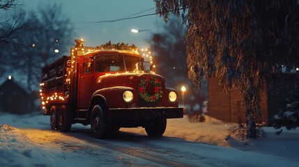 Christmas-decorated truck with lights and wreath