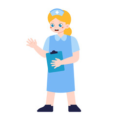 Kid in Doctor & Nurse Costume Female Nurse Holding Clipboard and Smiling