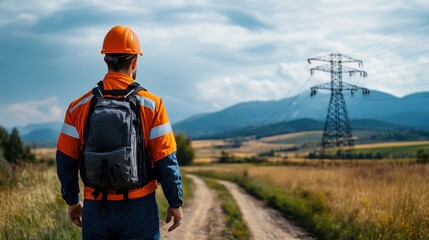 Worker in Safety Gear Observing Power Lines Against Dramatic Sky and Rolling Hills in Rural Landscape