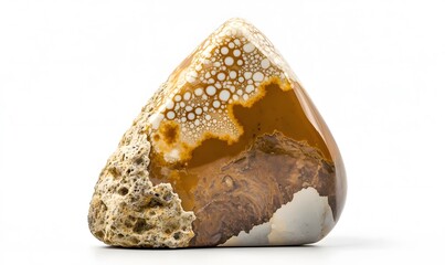 Brown and white patterned stone with textural surfaces on a white backdrop.