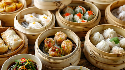 Dim sum baskets filled with dumplings and other delicacies
