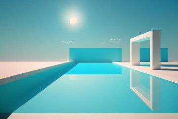 Minimalist poolside scene with blue water, white structures, and bright sun reflecting.