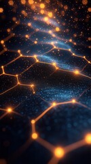 A vibrant, abstract representation of interconnected hexagonal patterns illuminated by glowing particles.