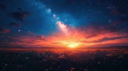 Naklejka premium Sunset, starry sky, wildflowers, vibrant colors.