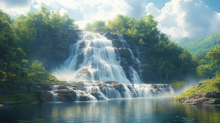 Fototapeta premium Serene waterfall cascades into tranquil lake.