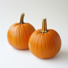 Obraz premium Two whole pumpkins on a white background, front view, slightly angled, bright orange, diffused natural light, studio quality