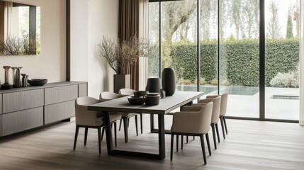 Fototapeta premium Minimalist modern dining room with clean, elegant design. Featuring neutral tones and sleek dining furniture