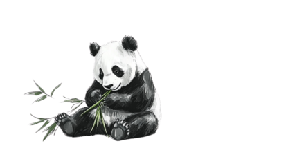 A panda is sitting on the ground eating bamboo. It is a Chinese ink painting style. The background is white.