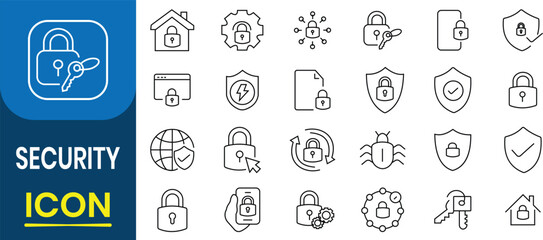 Security icon, vector set. Guard, cyber security, password, smart home, safety, data protection, key, shield, lock, unlock, eye. Related secure, privacy, protection, defense. Vector illustration.