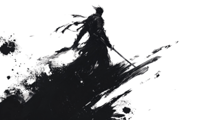 Black ink brush stroke of samurai holding sword in the wind on white background.