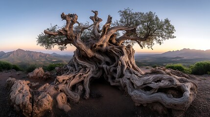 Ancient Olive Tree at Sunrise, Majestic Serra de Tramuntana Landscape AI Generated