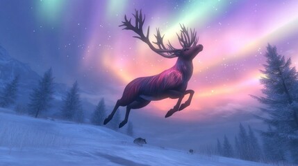 Magical reindeer leaping in snowy landscape under aurora borealis.