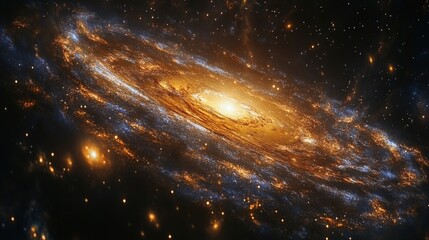 Naklejka premium Spiral galaxy, gold and blue hues, cosmic dust.