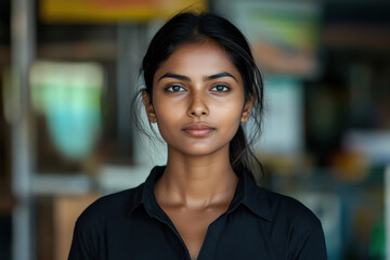 Obraz premium A young woman with long dark hair poses confidently indoors. She wears a black shirt, showcasing a calm expression against a vibrant, blurred backdrop filled with color.