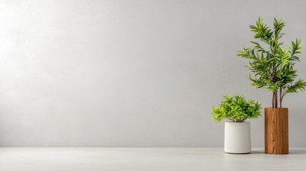 Two potted plants on a white table against a white wall.