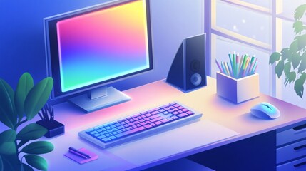 Fototapeta premium Modern Stylish Workspace with Colorful Computer Screen and Desk Items