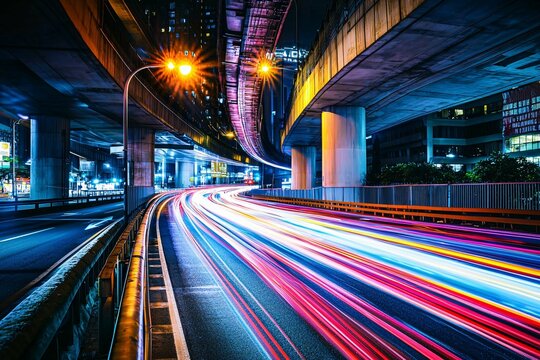 Vibrant light trails at night form stunning patterns and shapes that captivatingly blend color and movement.