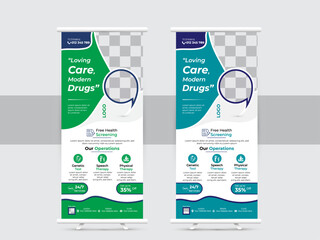 Healthcare and medical and flat icons roll up design, standee and banner template decoration for exhibition, printing, presentation and brochure flyer