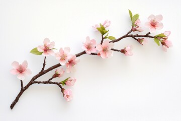 Obraz premium A cherry blossom branch with delicate pink flowers and slender stems contrasts beautifully against a soft white background, embodying the ephemeral beauty of spring.