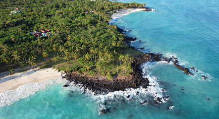 Beach, palm trees and volcanic rocks, Mitsamiouli, Grande Comore, Comoros