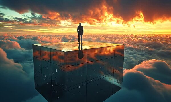 A lone figure stands on a reflective cube above colorful clouds.